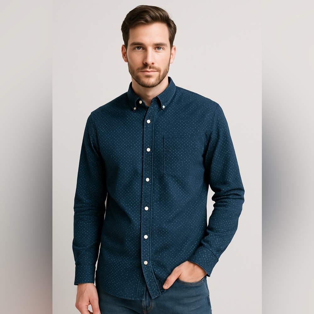 GAP Denim Slim Fit Polka Dot Button Down Shirt Men’s Large Navy Blue Casual